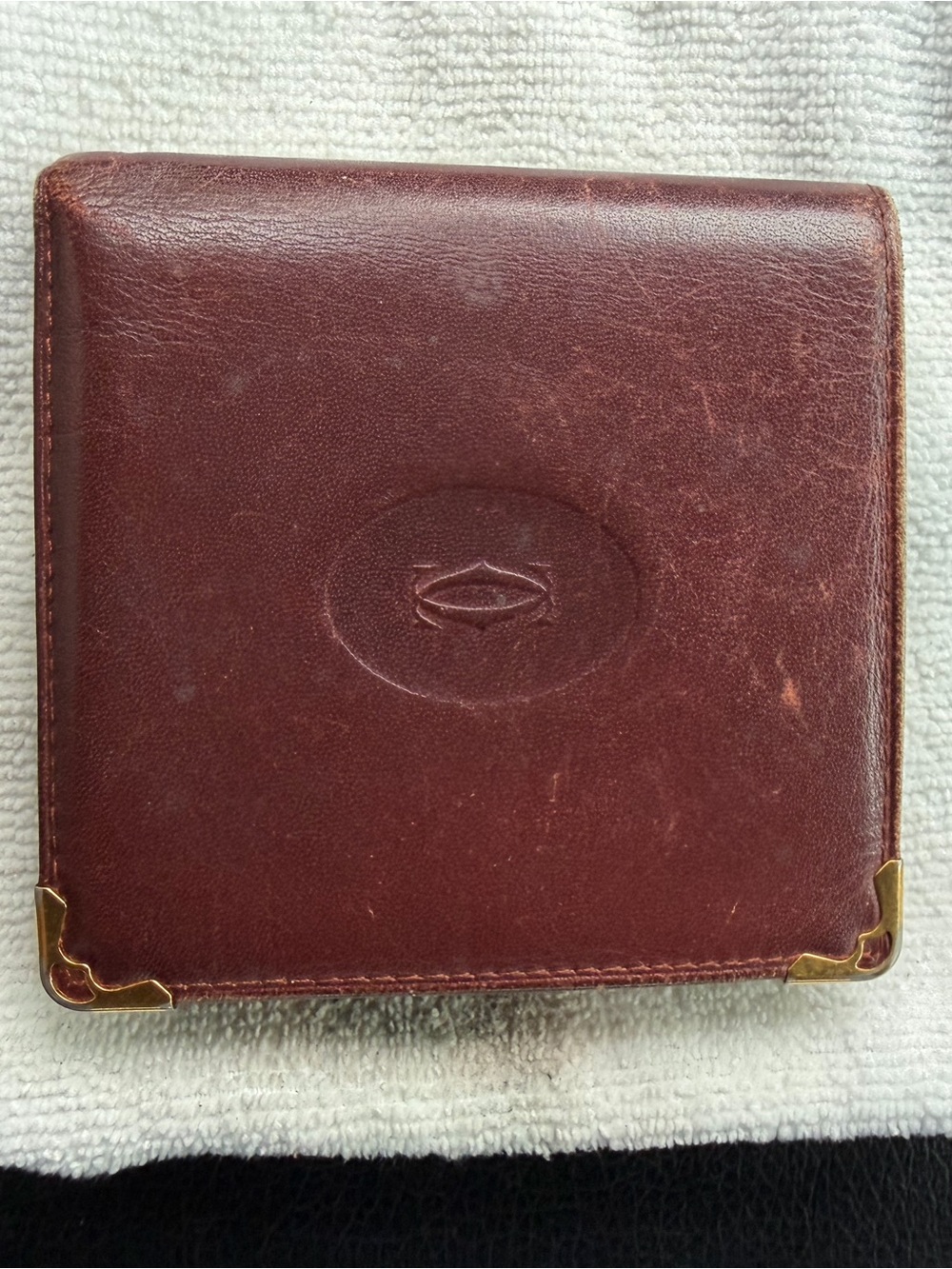 Authentic Cartier Men's Bifold Leather Wallet - Brown with Brass Corner Accents